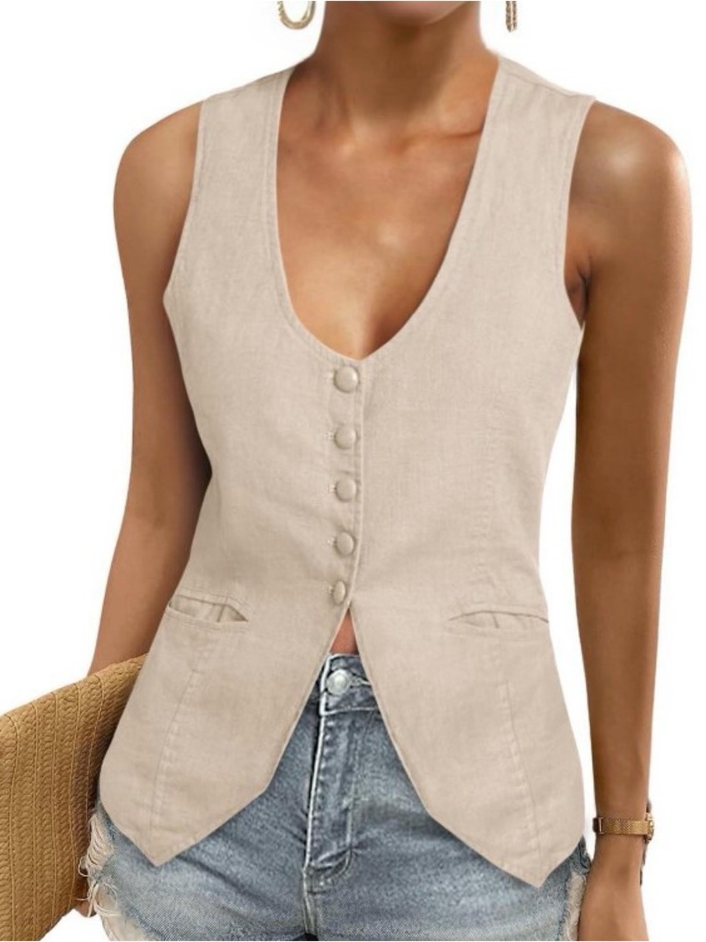 NWT Sleeveless V-Neck Button Front Tank Top in Beige